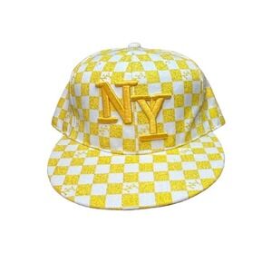 City Big NY Fitted Hat Size 7‎ 1/2 Yellow White Checkerboard Flat Brim New York